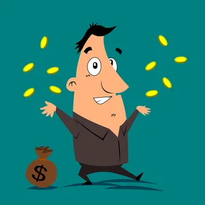 Cartoon man smiling under a shower of gold coins, the profit side of the calculator