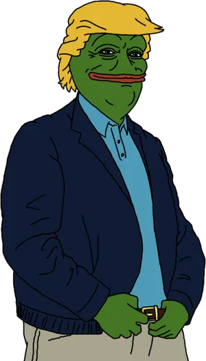 Pepe-style frog in a blazer standing like a news anchor