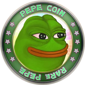 A rare Pepe coin illustration, a gold coin with a green frog face